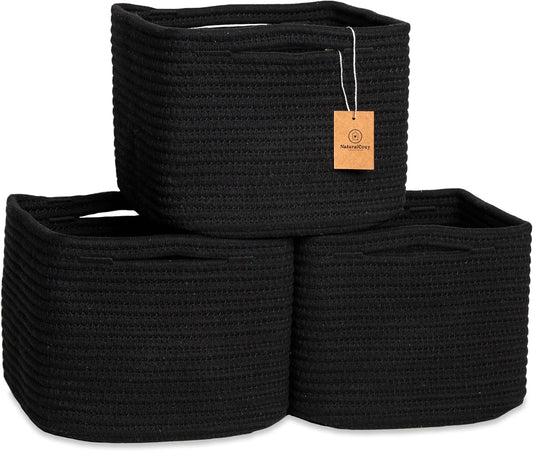 NaturalCozy Storage Cubes 9”x9”x7”Cotton Rope Woven Baskets for Organizing 3-Pack | 9 Inch Cube Storage Bin | Small Basket for Shelf Nursery, Pantry, Decorative Plant, Bathroom Closet, Toy Gift