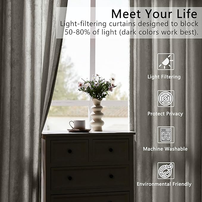 SMILETIME Silver Grey Crushed Velvet Curtains 52x84inch Rod Pocket Luxurious Thermal Insulated Soundproof Drapes Soft and Durable Light-Filtering Window Treatments for Living Room Bedroom, 2 Panels