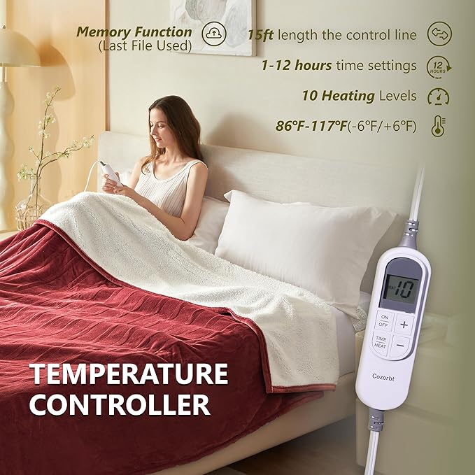 Heat Blanket 72”x84” Full Size,Soft Flannel & Sherpa Reversible Electric Blanket with 10 Heat Settings,12 Timer Setting and 8 Hours Auto-Shut Off,ETL Certified Machine Washable,Red