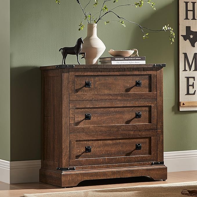 T4TREAM 32" Farmhouse Nightstand with Charging Station Set of 2, Large End Table with 3 Storage Drawers, Rustic Wood Bedside Table for Bedroom, Living Room, Reclaimed Barnwood Color