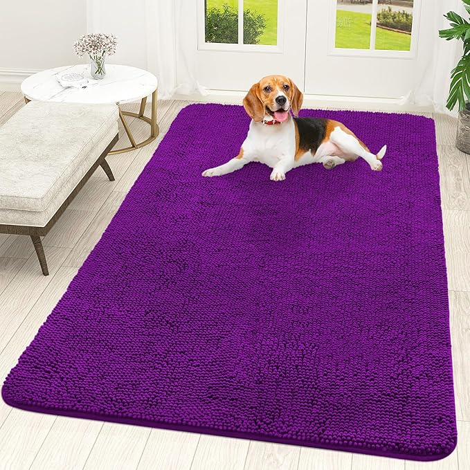 OLANLY Dog Door Mat for Muddy Paws 59x35, Absorbs Moisture and Dirt, Absorbent Non-Slip Washable Doormat, Quick Dry Chenille Mud Mat for Dogs, Entry Indoor Entryway Carpet for Inside Floor, Purple