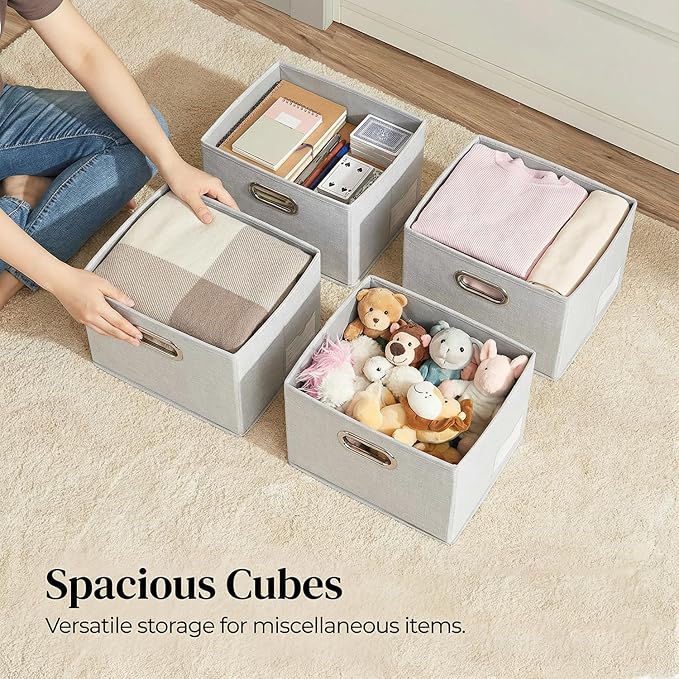 PRANDOM Storage Boxes with Lids [3-Pack] Linen Fabric Foldable Storage Bins Organizer Containers Baskets Cube with Cover for Closet Office Nursery Beige（11.4X8.6X6.7