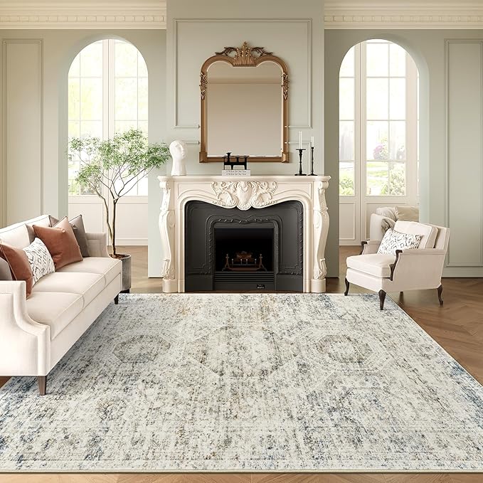 Washable Area Rug 8x10, Large Soft Rugs for Living Room Vintage 8x10 Area Rugs for Bedroom Dining Room Non-Slip Stain Resistant Under Table Blue Ivory Rug