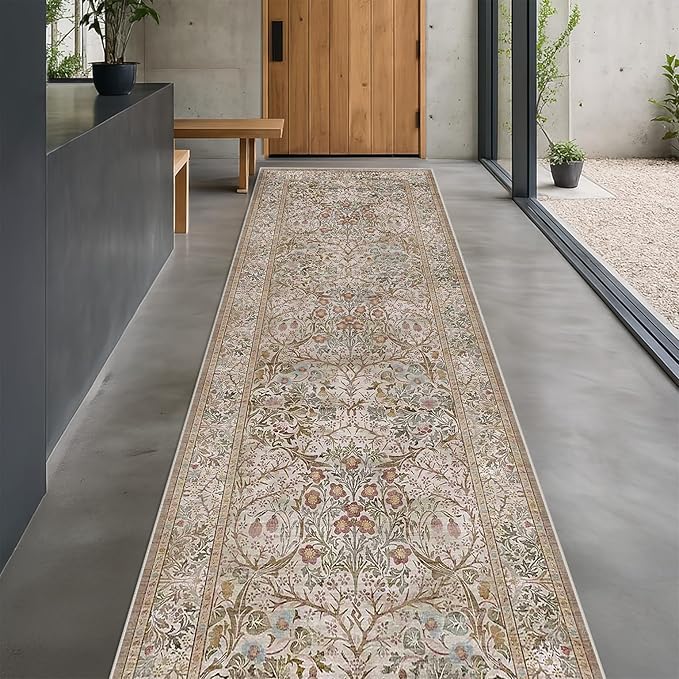 Non Slip 2x10 Moss Green Hallway Runner - 10ft Long Runner Rugs, Washable Kitchen Floor Mat - Vintage Brown Taupe Neutral Floral Design Décor