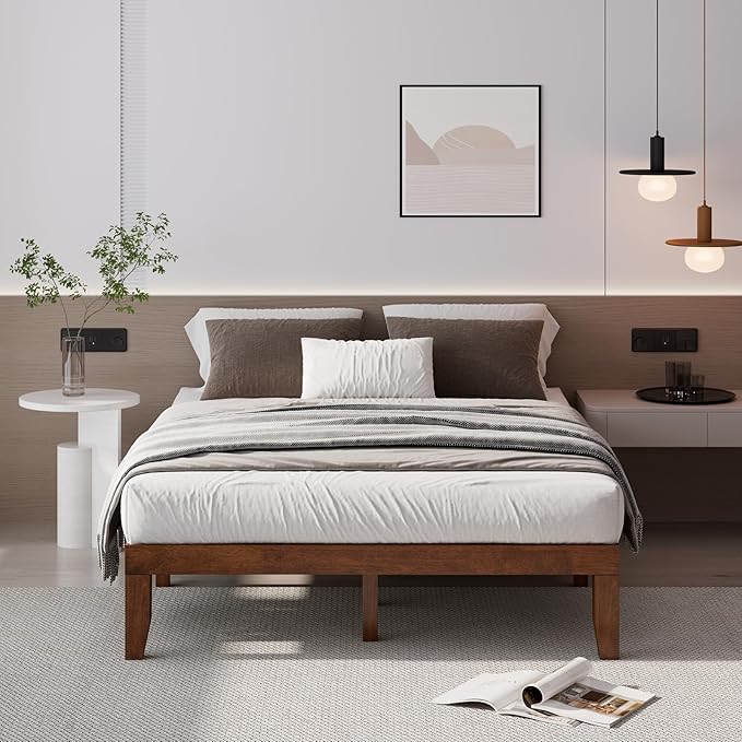 Giantex 14 Inch Queen Wood Platform Bed Frame, Minimalist Style Mattress Foundation with Solid Rubber Wood, Heavy Duty Slat Support, Without Headboard, Easy Assembly, No Box Spring Needed, Walnut