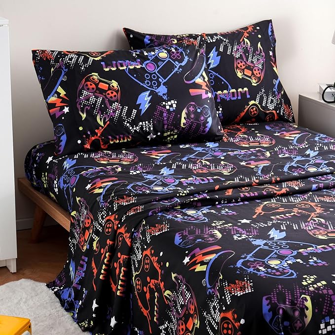 JSD Black Gaming Sheet Set Twin Size, 3 Piece Soft Kids Boys Printed Microfiber Bed Sheets Deep Pocket