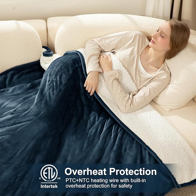 Heating Blanket Full Size - 72" x 84" Flannel Sherpa Heated Blanket with Fast Heating, 6 Heating Levels, 1-10 Hours Timer Settings, Overheat Protection, Washable Electric Blanket, Navy