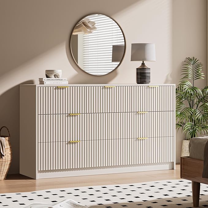 Beige 7 Drawer Dresser for Bedroom, 55.9" Wide Modern Fluted Dresser with Gold Metal Handles, Wide Chest of Drawers for Bedroom, Living Room, Entryway, Hallway