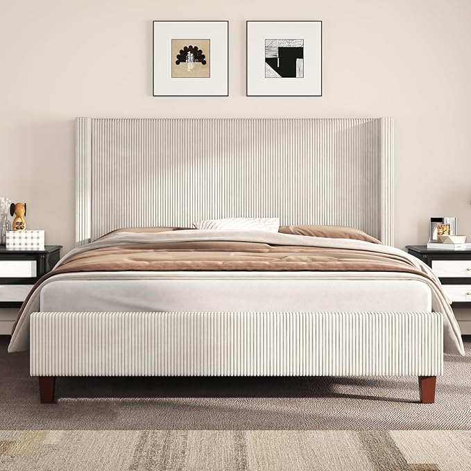 AMERLIFE Queen Size Upholstered Bed Frame with 50.8" Tall Headboard, Wingback Platform Bed with Solid Wood Legs, Wooden Slats, Corduroy/No Box Spring Needed/Noise Free/Cream