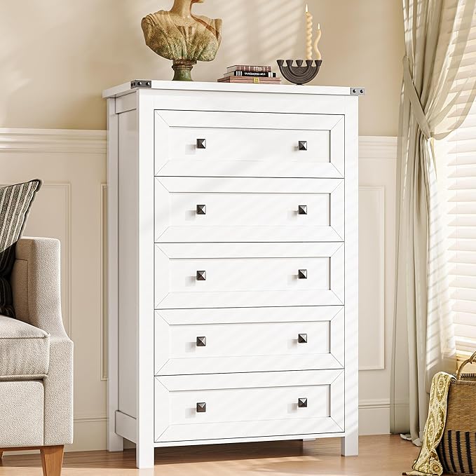 Dresser for Bedroom with 5 Drawers, Tall Wood Chest of Drawers, Modern Farmhouse Closet Clothes Organizer, Storage Tower Cabinet with Metal Handles for Hallway, Living Room, Entryway, White