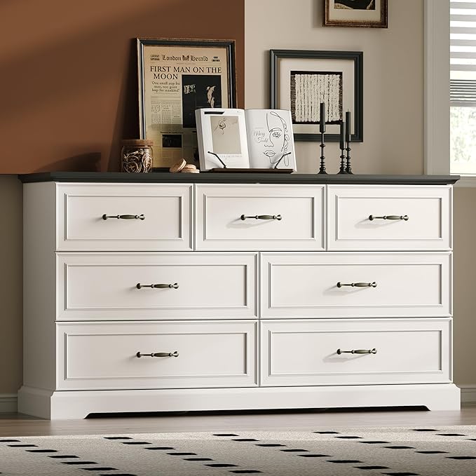 Farmhouse 7 Drawers Dresser for Bedroom, 57" Wide Modern Chest of Drawers with Deep Drawers & Bar Handles, Rustic Wood Dresser TV Stand, Wooden Closet Storage Organizer for Living Room, Hallway, White