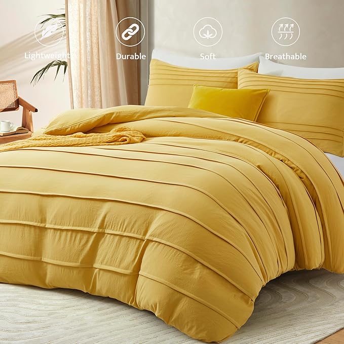Oli Anderson Mist Yellow Duvet Cover Queen Size - Pleated Queen Duvet Cover, 3PCS Soft and Breathable Textured Bedding Set with Zipper Closure(Mist Yellow,90"x90")