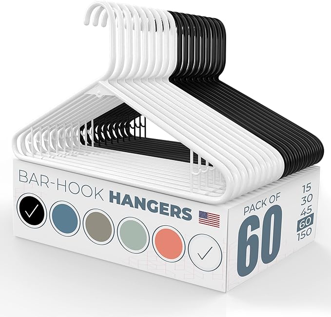 Neaties Plastic Hangers 50 Pack (60 Count) – Made in The USA – 6lb Capacity Standard Clothes Hangers with Strap Hooks for Dresses, Lingerie, Shirts, Pants, and Jackets – White & Black