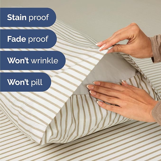 Queen 6 Piece Sheet Set - Cooling, Comfy & Breathable - Hotel Luxury Bedding, Includes Fitted Sheet for Women, Men, Kids & Teens - 1 Flat, 1 Fitted Sheet, 4 Pillowcases w/Deep Pockets - Beige Stripes