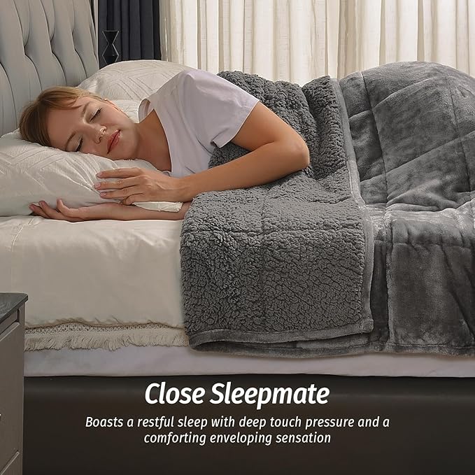 Wemore Sherpa Fleece Weighted Blanket for Adult, 20 lbs Dual Sided Cozy Fluffy Heavy Blanket, Ultra Fuzzy Throw Blanket with Soft Plush Flannel Top, 60 x 80 inches Grey on Both Sides