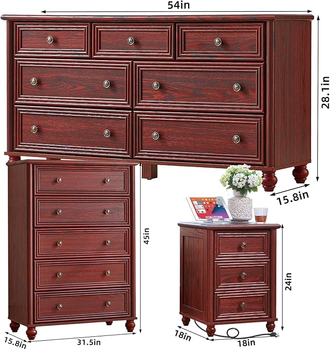 Farmhouse Dressers & Night Stand Set of 4, Wood 54" Wide Dresser & 45" Tall Chest of Drawers, 18" with Charging Station Nightstand Set of 2, Bedroom Furniture Dresser Set for Home Living Room Hallway