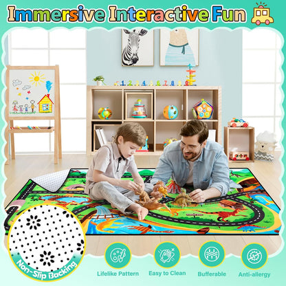 Kids Rug, Car Carpet for Kids' Toy Cars, 6x9 Ft Dinosaur Rug, Dino Safari Road Mat for Playroom, Educational Learning & Game Area Baby Play Mat Carpet for Children