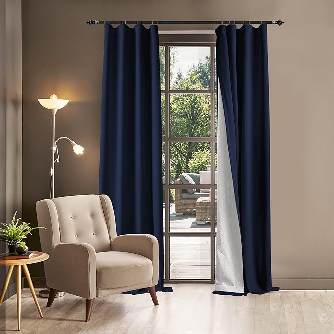 Soundproof 100% Blackout Curtains 96 inches, 3 Layers Thermal Insulated Back Tab Drapes for Door Window Nursery Divider Living Room, with Pin Hooks Navy Blue 50x96 Inch 1 Panel