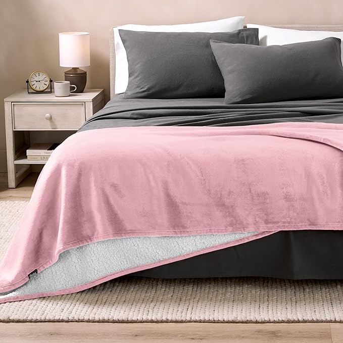 Bare Home Sherpa Fleece Blanket - Twin/Twin Extra Long - Blanket for Bed, Sofa, and Couch - Warm & Lightweight - Fluffy & Soft - Reversible (Twin/Twin XL, Light Pink)