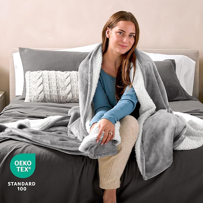 Bare Home Sherpa Fleece Blanket - Twin/Twin Extra Long - Blanket for Bed, Sofa, and Couch - Warm & Lightweight - Fluffy & Soft - Reversible (Twin/Twin XL, Light Grey)