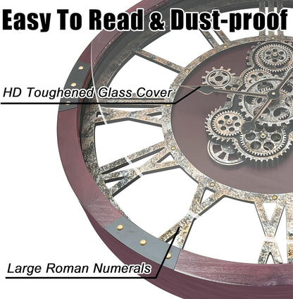 DORBOKER 27" Original Moving Gears Wall Clock, Large Industrial Wall Clock for Living Room Decor, Retro Metal Solid Wood Vintage Farmhouse Steampunk Rustic Clocks for Wall Decor,Cherry Red