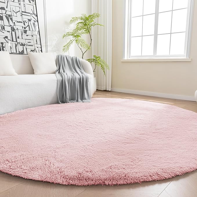 Amazon Basics Fluffy Washable Round Area Rug, Circle Shaggy Carpet for Living Room, Bedroom, Nursery, 5'R, Pink
