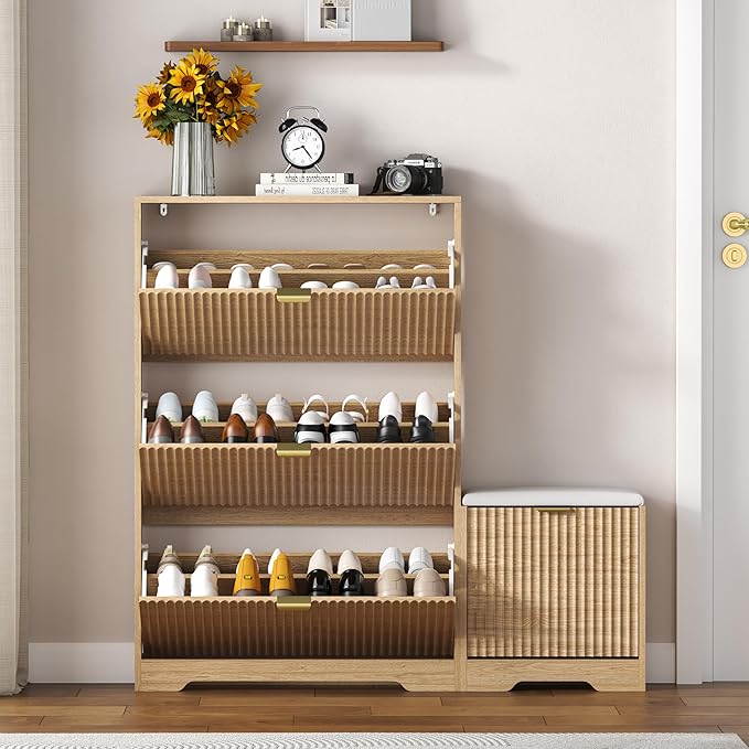 Shoe Cabinet Storage for Entryway with 4 Flip Drawers, Oak Fluted Shoe Cabinet with Bench, Wooden Hidden Shoe Rack Freestanding Narrow Slim Shoes Storage Organizer for Hallway, Entrance