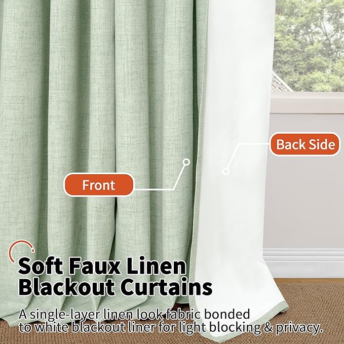 Sage Green Blackout Curtains for Bedroom - Linen Curtains 72 Inch Length Thermal Insulated Privacy Burlap Boho Window Drapes for Living Room Scandi Farmhouse Dining, 2 Panels, Each 52" Wide