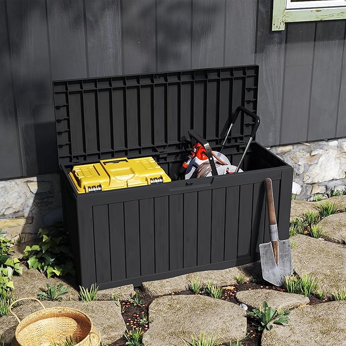 75 Gallon Outdoor Storage Box with Wheels, Waterproof Lockable Resin Deck Box Patio Storage Bin for Pool Accessories Cushion Furniture, Garden Tools, UV-Resistant Outside Delivery Black