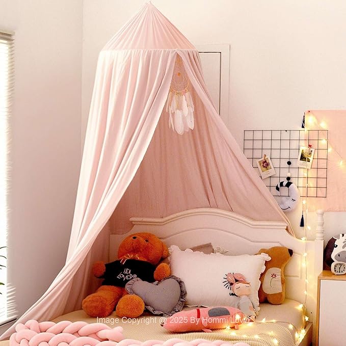 Light Pink Bed Canopy for Girls with Light, Princess Canopy Curtains for Twin Full Queen Size Kids Bed, Canopy for Girls Bed Room Decor, Hanging Castle Ceiling Tent