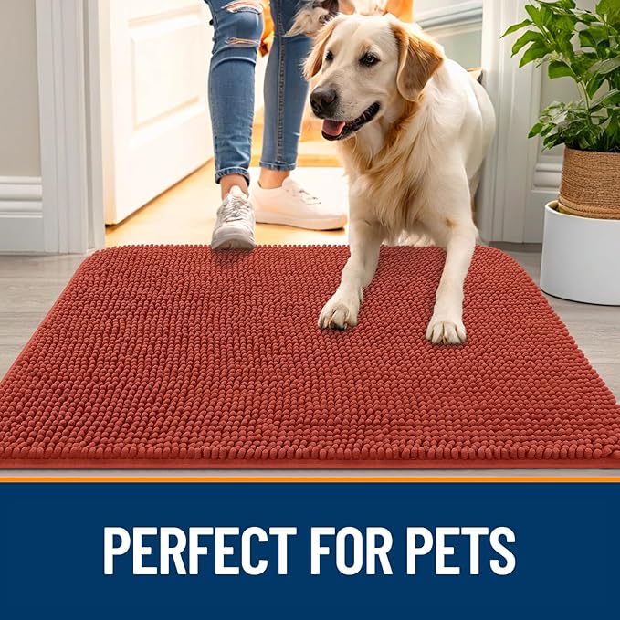 OLANLY Dog Door Mat for Muddy Paws 30x20, Absorbs Moisture and Dirt, Absorbent Non-Slip Washable Doormat, Quick Dry Chenille Mud Mat for Dogs, Entry Indoor Entryway Carpet for Inside Floor, Maple Red