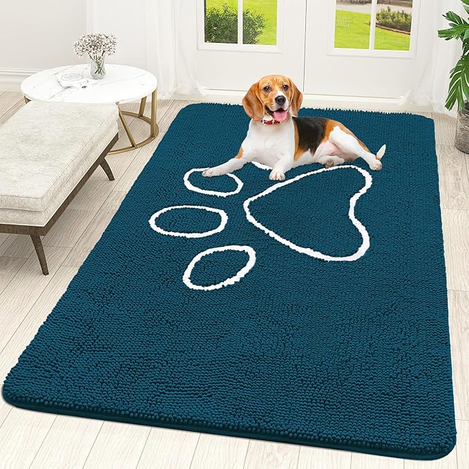 OLANLY Dog Door Mat for Muddy Paws 59x35, Paw Print Design, Absorbs Moisture and Dirt, Absorbent Non-Slip Washable Doormat, Quick Dry Chenille Mud Mat, Entry Indoor Entryway Carpet, Atlantic Blue