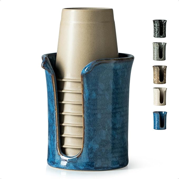 Bathroom Cup Holder, Ceramic Bathroom Cup Dispenser 3 Oz, Small Mouthwash Cup Dispenser Disposable Paper Cup Holder for Bathroom, Coffee Bar, Stoneware Design Modern Decor, Blue