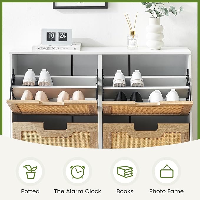 IDEALHOUSE Rattan Shoe Storage Cabinet with 4 Flip Drawers, Freestanding Shoe Organizer with Adjustable Shelves for Entryway, Narrow Shoe Rack Cabinet, Farmhouse Slim Shoe Cabinet, White