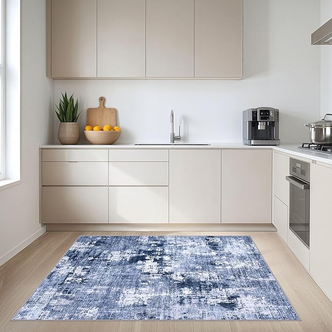 Area Rug Living Room Rugs - 4x6 Abstract Large Soft Indoor Washable Rug Neutral Modern Low Pile Carpet for Bedroom Dining Room Farmhouse Home Office - Navy Blue