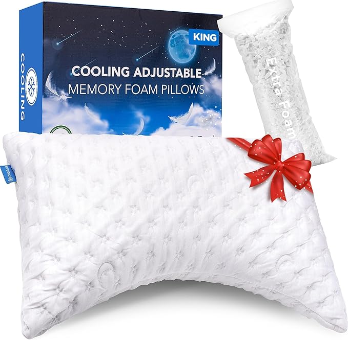 Cooling Side Sleeper Pillow for Neck and Shoulder Pain, Luxury Shredded Memory Foam Curved Bed Pillows for Sleeping Set of 1- Adjustable King Size- Washable Cover Crescent White