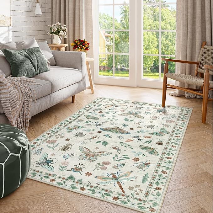 Lahome Insect Machine Washable Rug, 3x5 Rug Non Slip Soft Bedroom Rugs for Entryway Dorm, Ultra-Thin Rugs for Living Room Stain Resistan Throw Carpet for Nursery Entrance, Beige