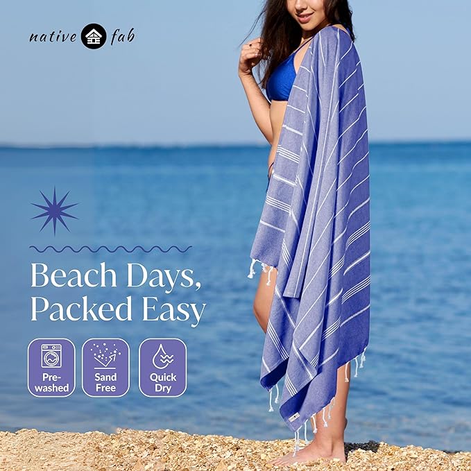 Native Fab Turkish Beach Towels - 6 Oversized Towel (40"x71"), Soft, Lightweight & Absorbent, 100% Cotton, Sand Free, Quick Drying, Ideal for Summer, Pool, Spa, Gym & Outdoors - Multicolor 6 Towels