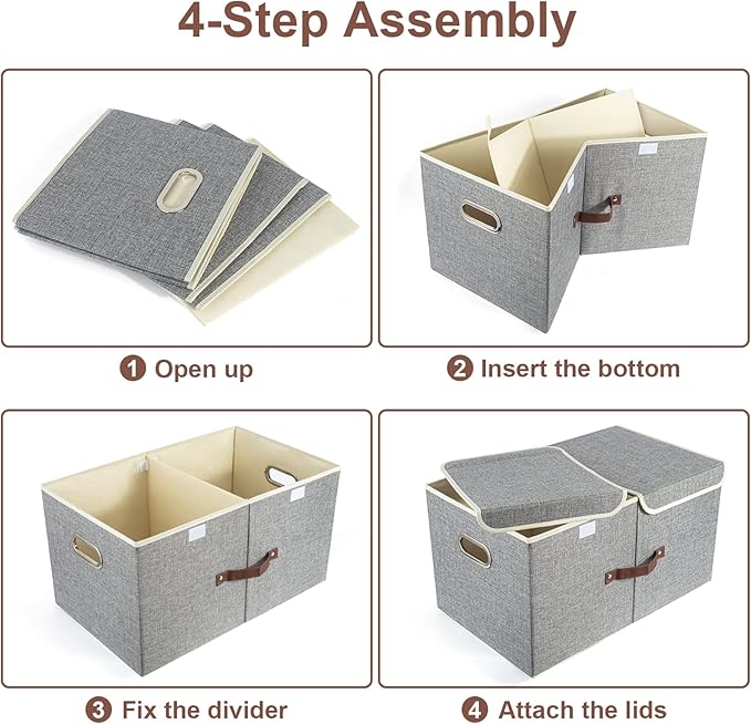 TYEERS Extra Large Collapsible Storage Bins with Lids and Compartments, Washable, Fabric Storage Boxes, 21.7x13x11.8 inches, 1 Pack, Gray