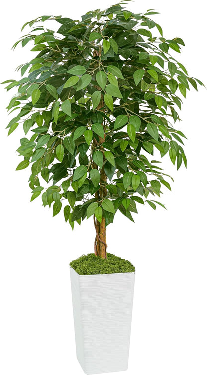 Artificial Ficus Tree 5FT Faux Floor Tree with Planter UV Resistant Potted Fake Silk Plant, Real Wood Trunk-Indoor Outdoor Lifelike Fake Ficus Tree for Home, Living Room Bedroom Topiary Tree