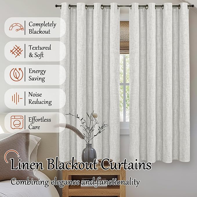 60 Inch Wide Linen Blackout Curtains for Bedroom 63 Inch Length 2 Panels, Total Black Out Thermal Insulated Energy Efficiency Grommet Boho Window Drapes White Liner for Modern Farmhouse, Light Grey
