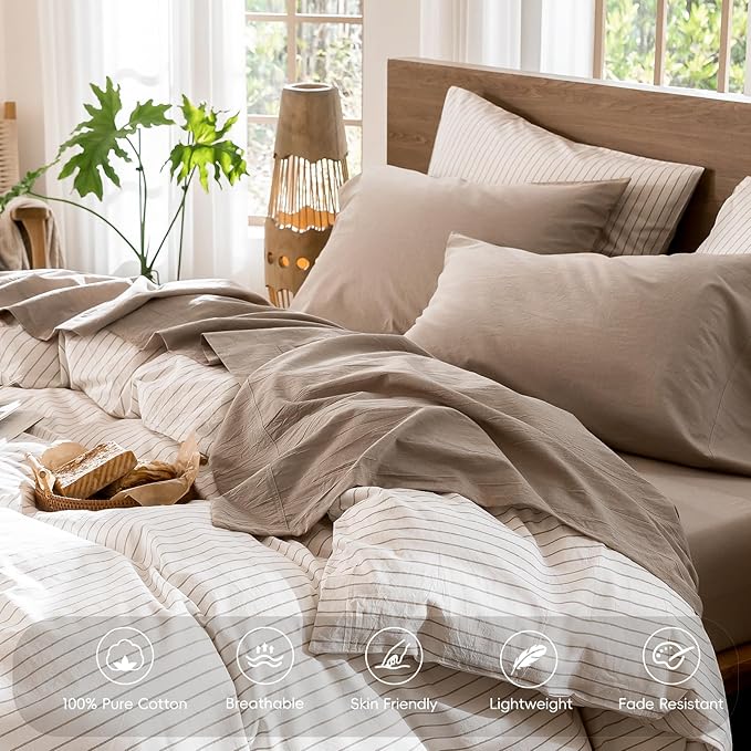 MooMee Bedding Sheet Set 100% Washed Cotton Linen Like Textured Breathable Durable Soft Comfy (Heathered Taupe, Queen)