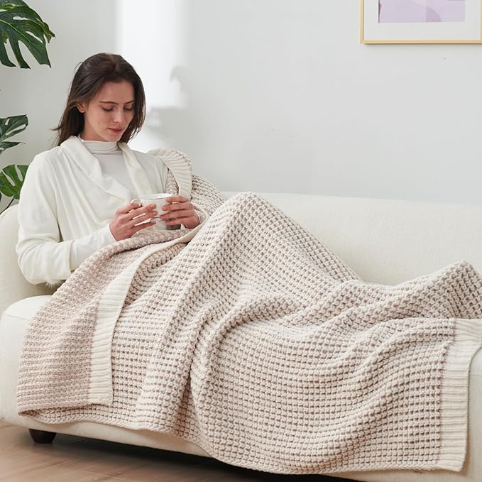 Amélie Home Waffle Chenille Throw Blanket for Couch, Pineapple Stitch Knit Soft Cozy Knit Blanket Decorative Throw for Sofa, Chair, 50"x60", Beige&Ivory