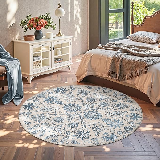 jinchan Torino Classic Floral Round Rug 6ft, Vintage-Inspired Design 6’Circle Rug, Machine Washable Ultra-Thin Low-Pile Non-Slip Indoor Carpet for Bedroom Dining Room Living Room Entryway, Dark Blue