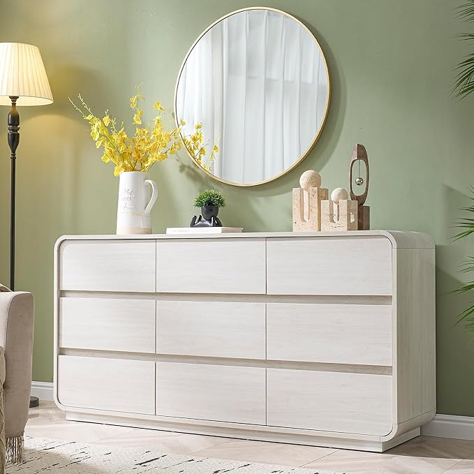 White Dressers of 9 Drawers, Chest Dresser with Deep Drawers, Modern Dresser Closet for Bedroom, Curved Drawer with Large Storage, 57’’ Wide.