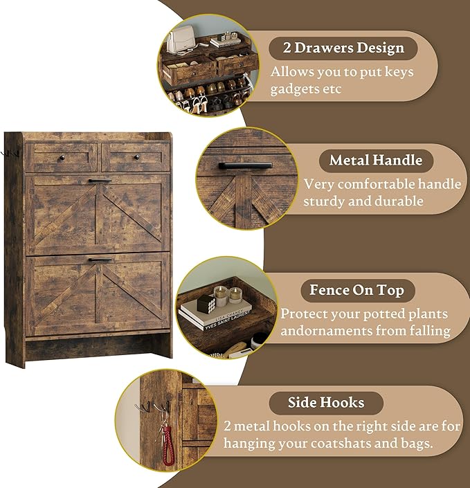Shoe Storage Cabinet for Entryway, Farmhouse Narrow Shoe Cabinet with 2 Flip Drawers & Top Drawers, Adjustable Shelves & Hooks, Freestanding Hidden Rack Organizer for Hallway, Foyer