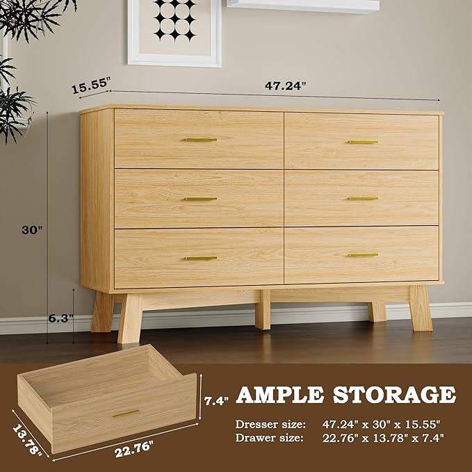 Dresser for Bedroom with 6-Drawer, 47.2" Modern Chest of Drawers with Metal Handles, X-Shape Base & Adjustable Center Leg, Anti-Tip Closet Organizers and Storage