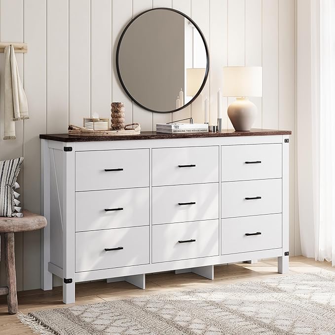 LINSY HOME Dresser for Bedroom with 9 Drawers, 59” Wide Chest with Deep Drawer, Modern Farmhouse Dresser TV Stand with Metal Handles, Wood Storage Cabinet for Closet, Living Room, Hallway, Off White