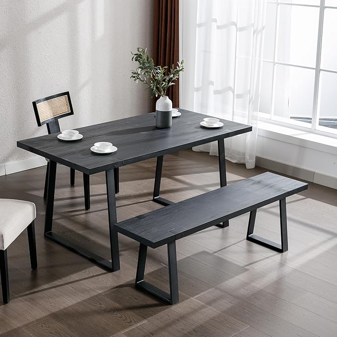 Wahson 60" Black Dining Bench Set of 2, Wooden Table Bench with Metal Legs, Modern Kitchen Bench for Enrtyway/Indoor/Dining Room