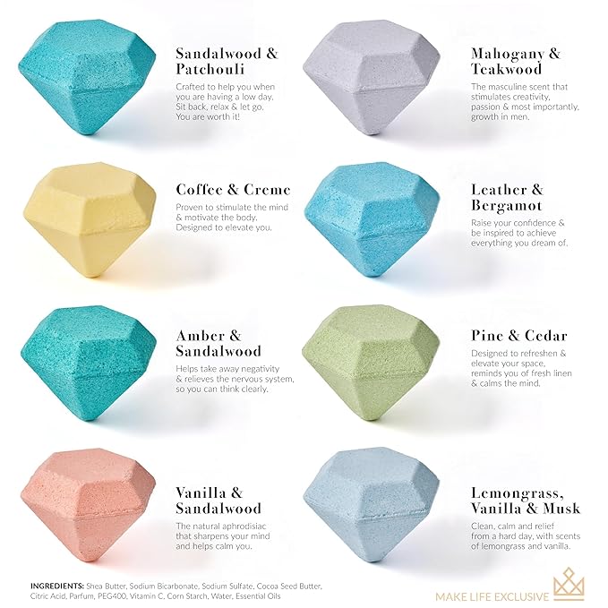 Bath Bombs for Men, Diamond Shape, Gifts for Men, 8 Large 5oz Bombs, 100% Natural Products & Essential Oils, Soak in, Bubble Bath